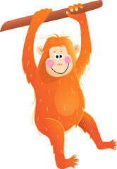 Baby monkey orangutang hanging on branch illustration for kids. Playful orangutan for kids projects and designs. Monkey in jungle, animal character for children. isolated vector clipart.