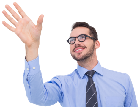 Smiling businessman standing with fingers spread out