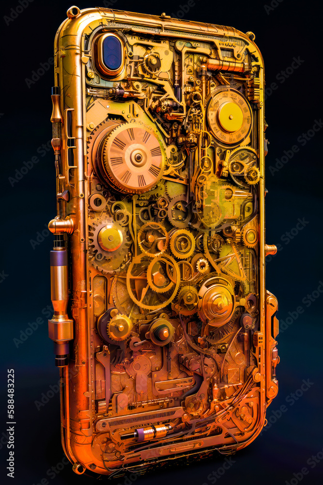 Poster close up of metal object with clock on top of it. generative ai.
