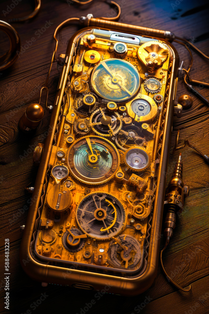 Poster iphone case with clock inside of it on wooden table next to pair of headphones. generative ai.