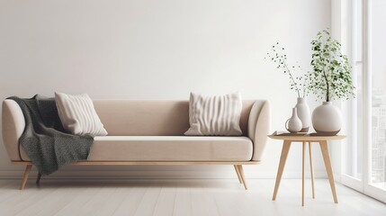View of modern scandinavian style interior with sofa and trendy vase, Home staging and minimalism concept. AI