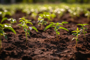 Pepper seedlings planted in the open land. Pepper plants at an early stage of development on a garden bed. Vegetables grown in an environmentally responsible manner, high quality generative ai