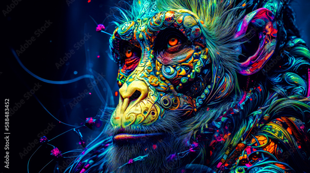 Poster monkey with bright colors on its face and blue background with black background. generative ai.