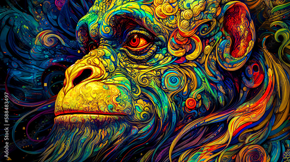 Poster painting of monkey's face with colorful swirls on it. generative ai.