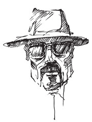 Portrait of a man in glasses and a hat. Head sketch. Line drawing of a face. Silhouette of a person