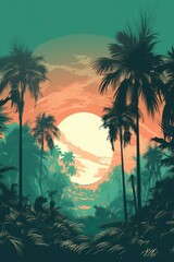 Tropical sunset with trees in persian green shades