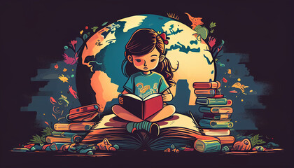 a little girl reading in her books world