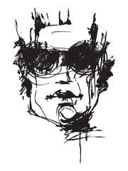 Portrait of a man in glasses. Head sketch. Line drawing of a face. Silhouette of a person