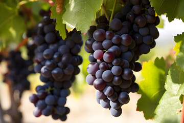 Naklejka premium Bunches of Ripe Red Wine Grapes on a Vine, Closeup View: AI Generated Image