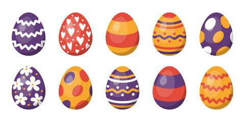 Vector set of easter eggs. 3D easter collection in purple, orange and red colors. Egg hunt.