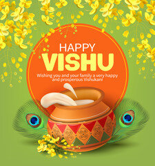 Greeting background with traditional clay dahi handi (pot with cream) and konna flowers (cassia fistula) for South Indian New Year festival Vishu (Vishukani). Vector.