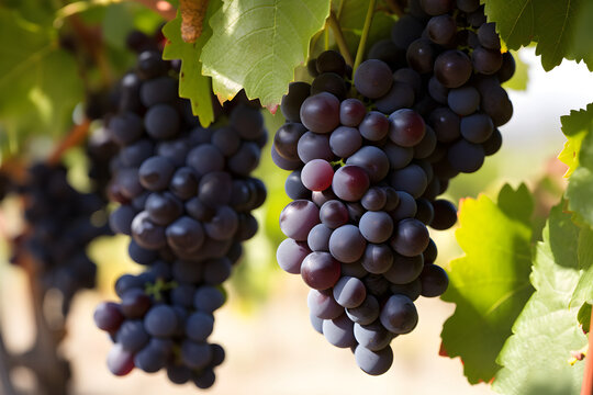 Bunches of Ripe Red Wine Grapes on a Vine, Closeup View: AI Generated Image