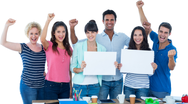Happy business team holding a signboard