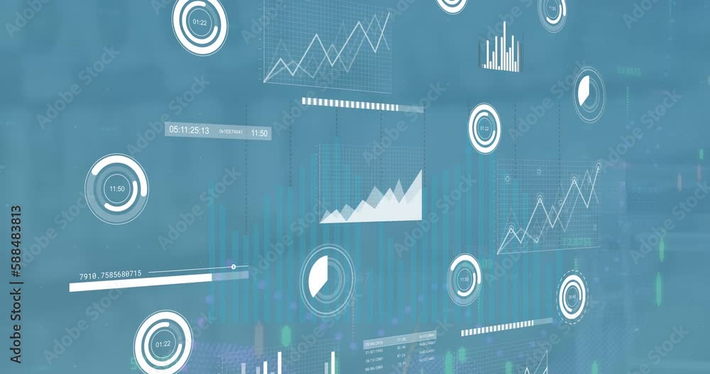 Poster animation of statistics and financial data processing over blue background