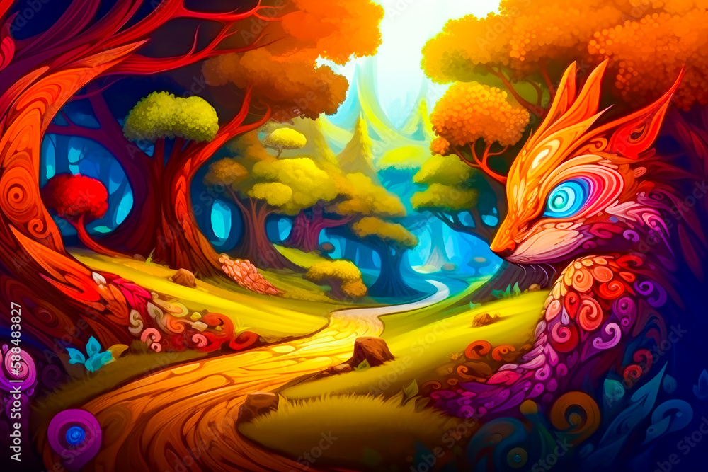 Poster painting of fox in forest with path leading to it. generative ai.