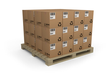 Stack of brown cardboard boxes arranged on wooden pallet