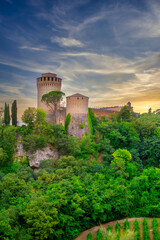 Fototapeta premium Brisighella, Ravenna, Emilia-Romagna, Italy, Ravenna, Emilia-Romagna, Italy. Beautiful panoramic aerial view of the medieval city and Manfredian fortress with clock tower. Famous symbols