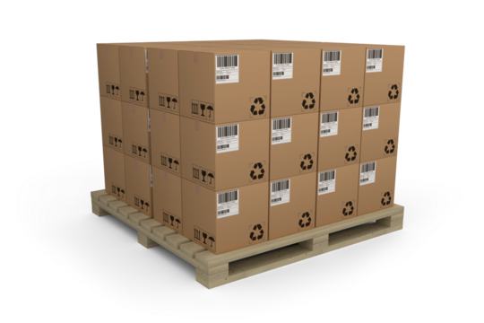 Stack of brown cardboard boxes arranged on wooden pallet - Powered by Adobe