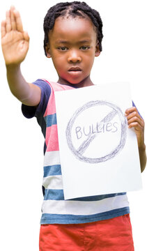 Boy gesturing while holding bullying sign 