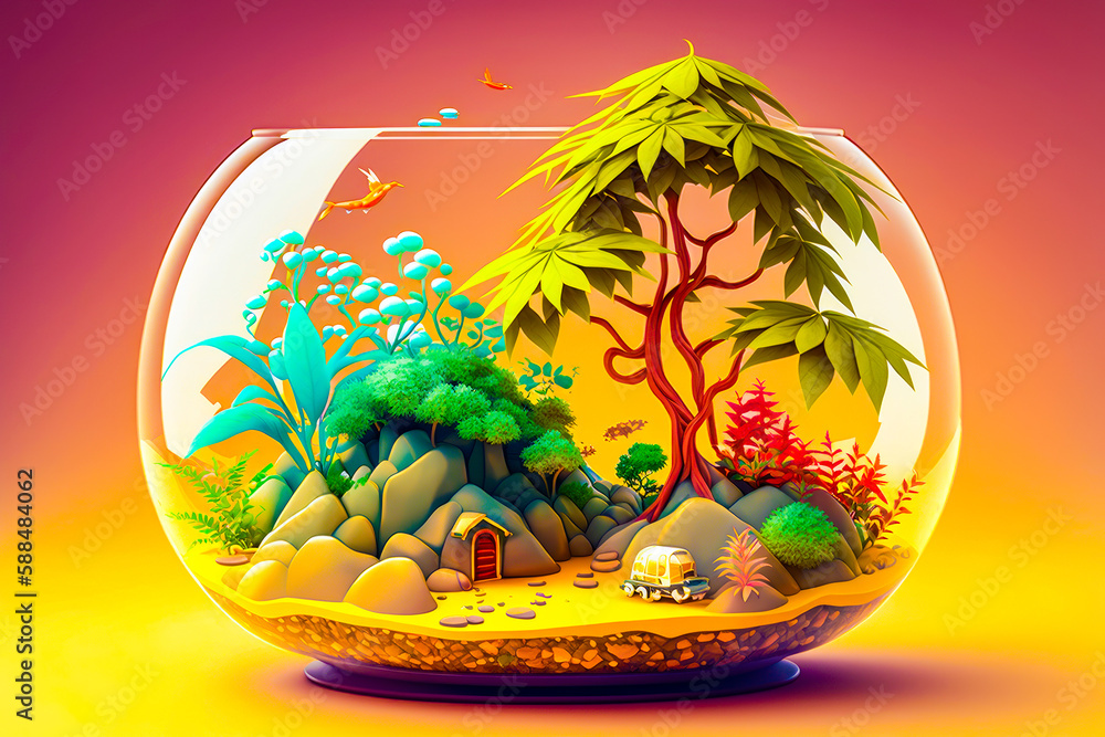 Aufkleber fish bowl with small house in the middle of it and tree in the middle of the bowl. generative ai.
