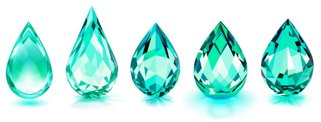 Set of big crystal drops in turquoise color with glares and shadows