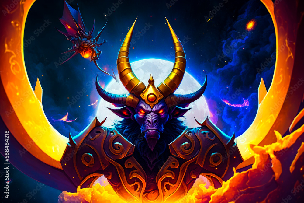 Poster image of demon with horns on it's head in front of full moon. generative ai.