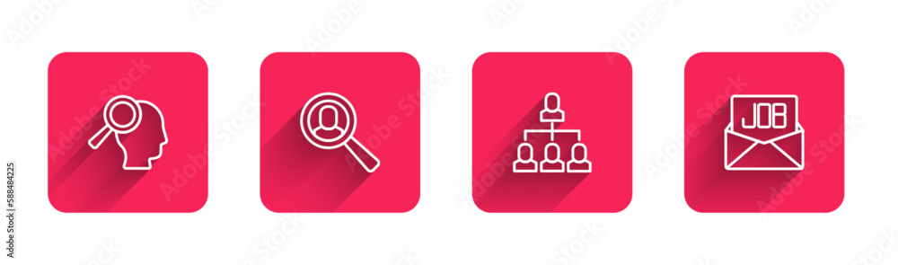 Poster set line magnifying glass for search job, employee hierarchy and search with long shadow. red square