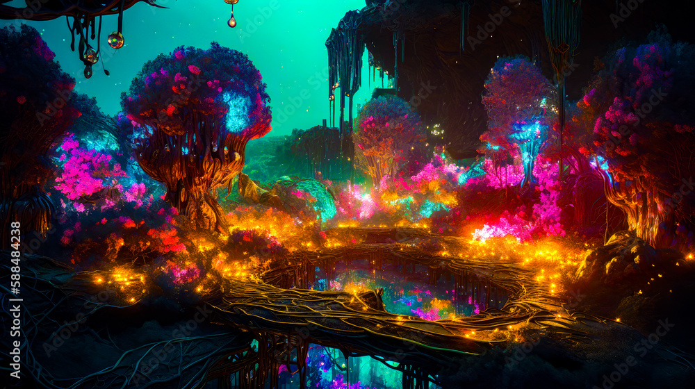 Poster painting of forest filled with lots of colorful lights and building in the background. generative ai