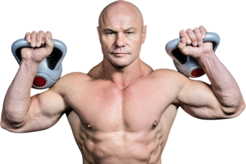 Portrait of bodybuilder lifting kettlebells