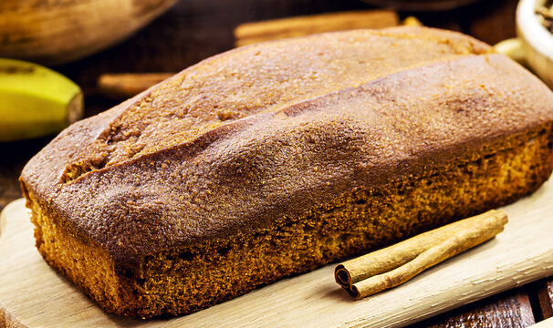 homemade banana bread, vegan bread recipe made with fruits and sweetened with cinnamon, organic and gluten-free snack, macro photography