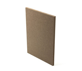 A single board of raw mdf stands upright on a white base.
