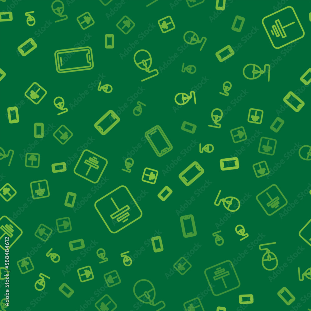 Poster set line mobile phone, electrical symbol ground and computer mouse on seamless pattern. vector