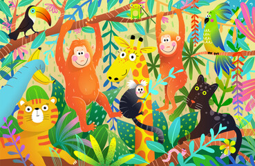 Wild Animals in Colorful African Jungle Design for kids. Vibrant and playful intricate collage illustration of African animals in the rainforest. Detailed vector graphic surface design for children. © Popmarleo