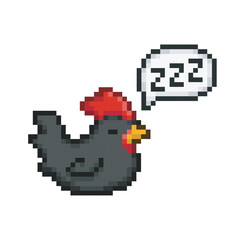 Black chicken taking a nap, pixel art animal