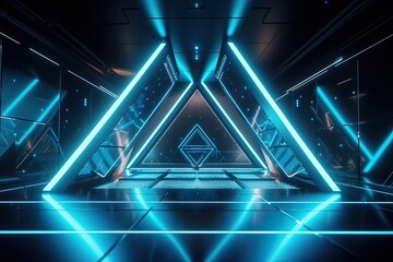 Neon Triangle Dance: Futuristic Sci-Fi Stage with Tilted Lines and Metal Reflective Surface. AI generated
