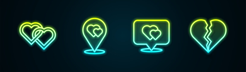 Set line Two Linked Hearts, Location with heart, and Broken or divorce. Glowing neon icon. Vector