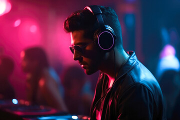 DJ with headphones at night club party under the blue and pink neon lights with people crowd in background. High quality generative AI
