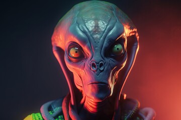 Portrait of alien in costume on color background. AI generated