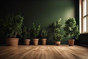 Potted plants decorate the empty living room with green walls and a hardwood floor. AI generated