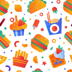 Fast Food Snack and Tasty Meal Seamless Pattern Vector Template