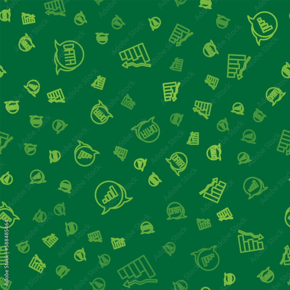 Aufkleber set line data analysis, pie chart infographic and financial growth decrease on seamless pattern. vec