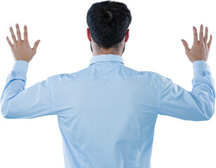 Rear view of entrepreneur pretending to use invisible screen