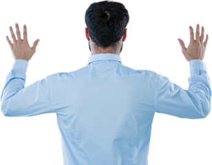 Rear view of entrepreneur pretending to use invisible screen