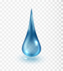 Blue drop isolated on transparent background. Realistic translucent cosmetic spa serum drop, vitamin, gel or lotion. Vector liquid droplet.