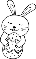 Easter bunny with an Easter egg. Black and white vector illustration for coloring. Detailed pattern of black contour flowers on a white background. Children's illustration for coloring.