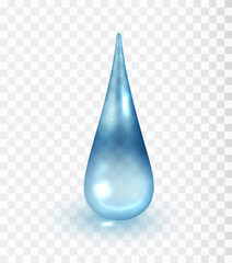 Clear water drop. Realistic 3D blue collagen droplet isolated. Glossy crystal object with light reflection. Vector liquid drop.