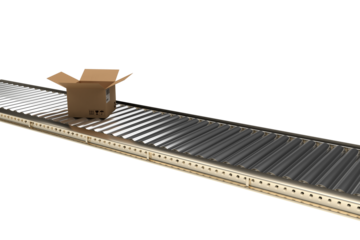Open cardboard box on conveyor belt