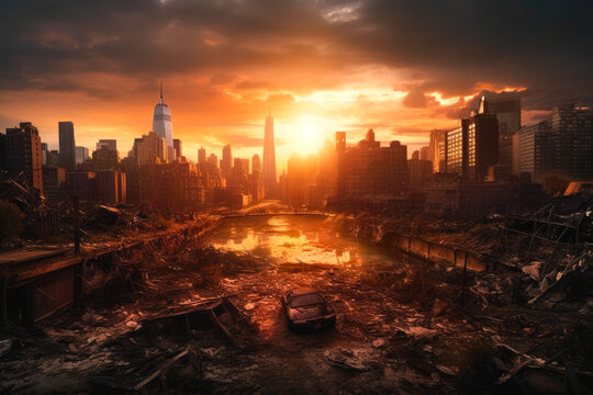 Post apocalyptic city view cityscape. City in ruins. Dystopian future. Generative ai