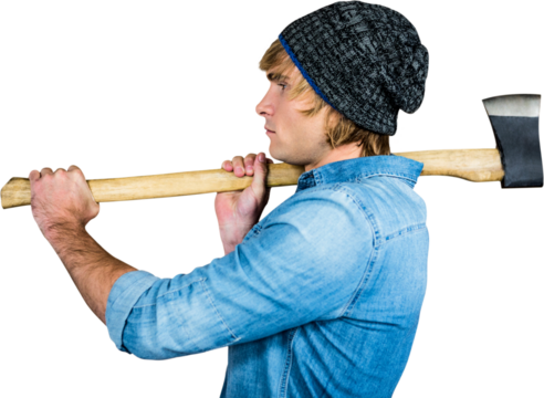Side view of hipster standing with axe