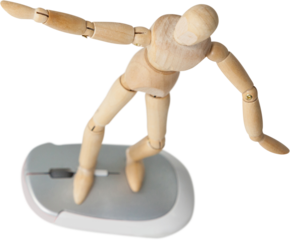 3d image of carefree wooden figurine standing on computer mouse
